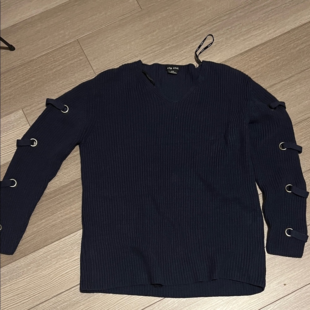 City chic Dark Blue Crewneck Sweater with Metal Accents nwot